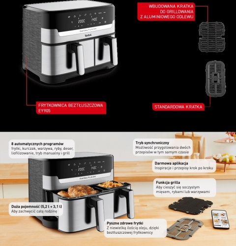 AIR FRYER Frytownica beztłuszczowa TEFAL EY905D10 DUAL EASY FRY & GRILL