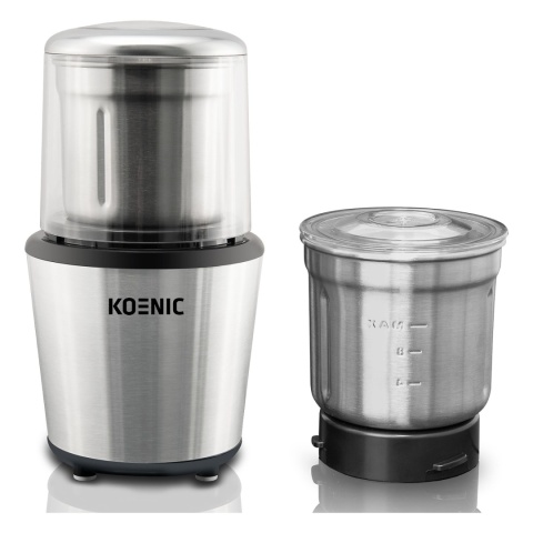 Młynek do kawy, przypraw, orzechów, lodu KOENIC Srebrny pojedyncze i podwójne ostrze